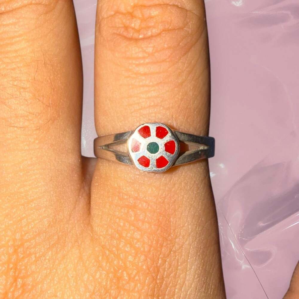 Vintage Y2K Enamel Abstract Flower Ring 925 Sterling Silver Fairycore Size 8